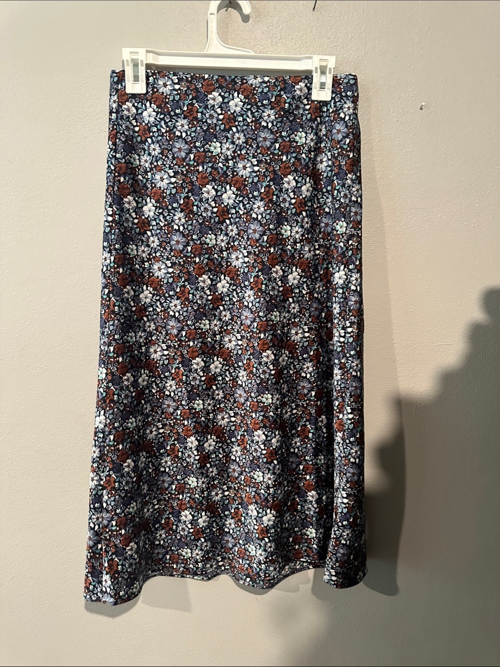 LOFT Satin Floral Midi Skirt in Navy and Brown